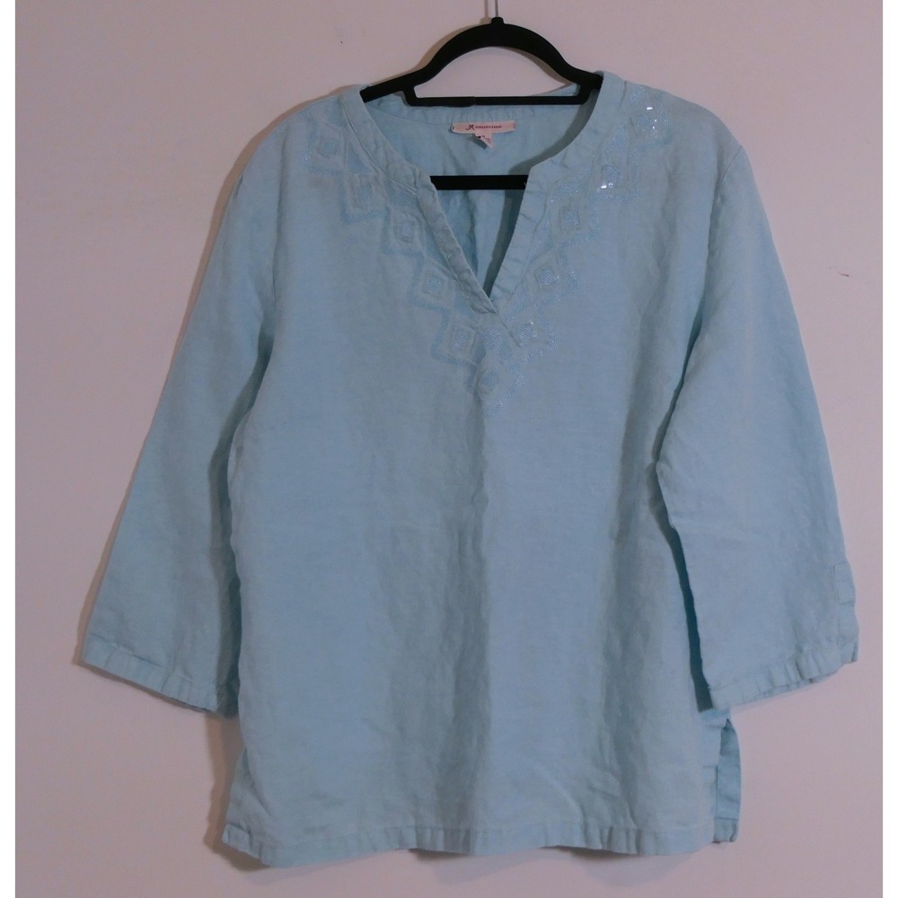 JM Collection Womens Tunic 18 Blue Linen Coastal Grandmother Embroidered Sequin - Picture 5 of 5